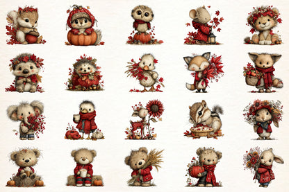 Whimsical Autumn Animal Clipart PNG | 27 PNG Fall Woodland Bundle