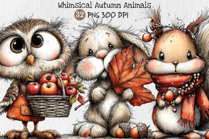 Whimsical Autumn Animals PNG Cute Fall Woodland Animal Clipart Bundle