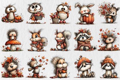 Whimsical Autumn Animals PNG Cute Fall Woodland Animal Clipart Bundle
