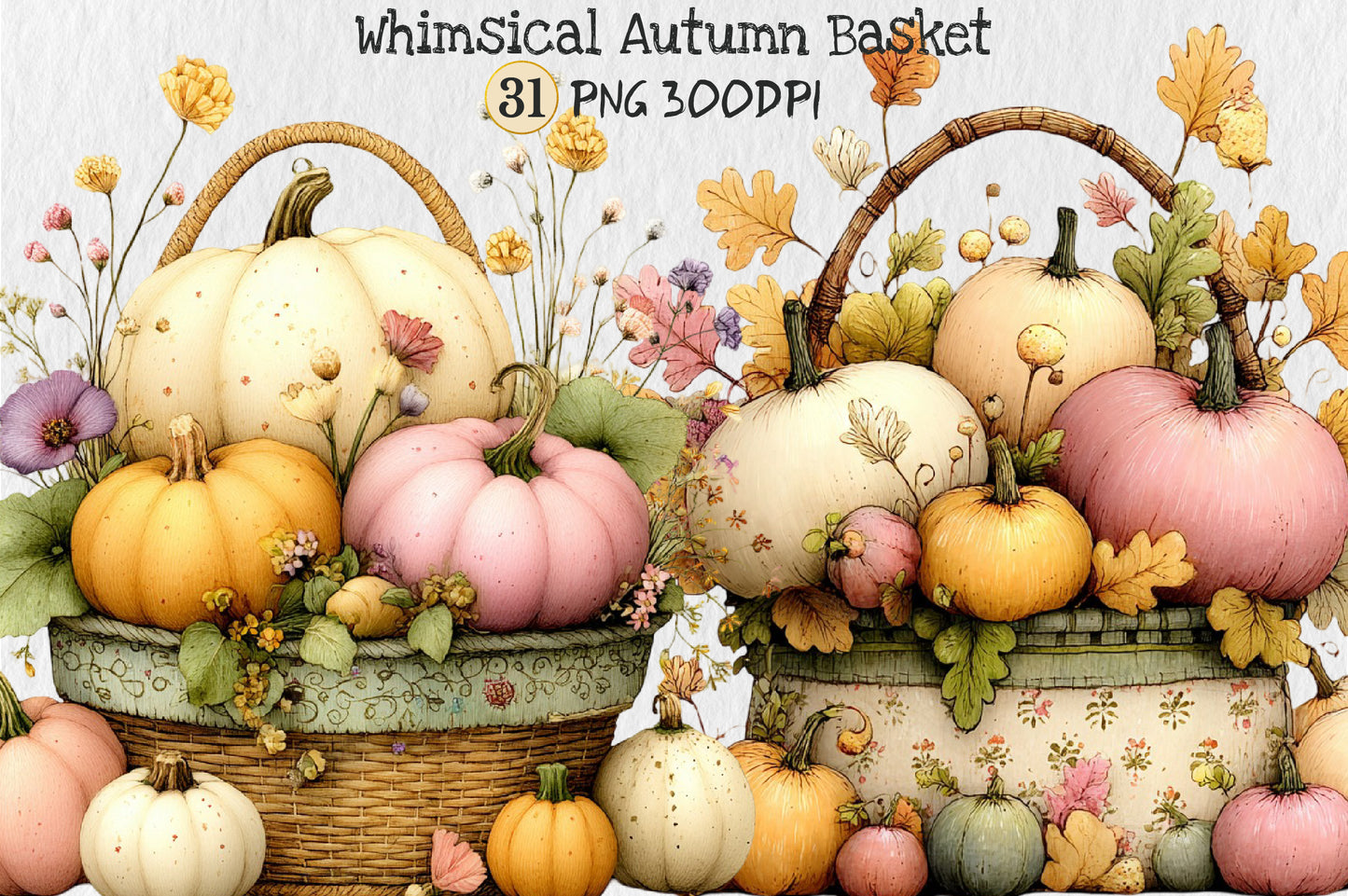 Whimsical Autumn Basket PNG Pastel Pumpkin Fall Harvest Sublimation Design