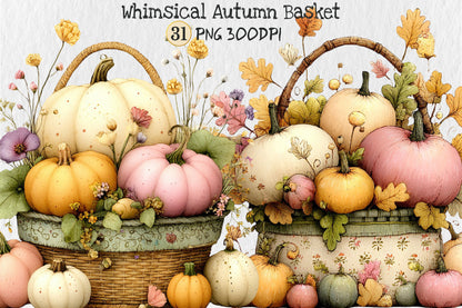 Whimsical Autumn Basket PNG Pastel Pumpkin Fall Harvest Sublimation Design