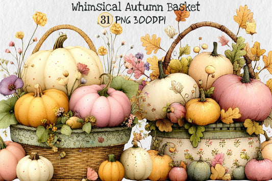 Whimsical Autumn Basket PNG Pastel Pumpkin Fall Harvest Sublimation Design