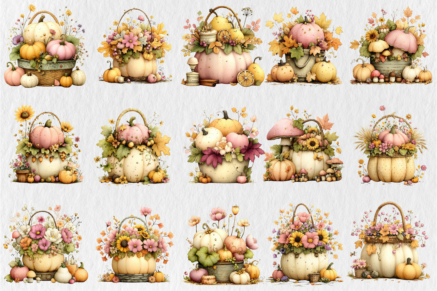 Whimsical Autumn Basket PNG Pastel Pumpkin Fall Harvest Sublimation Design