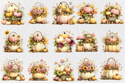 Whimsical Autumn Basket PNG Pastel Pumpkin Fall Harvest Sublimation Design