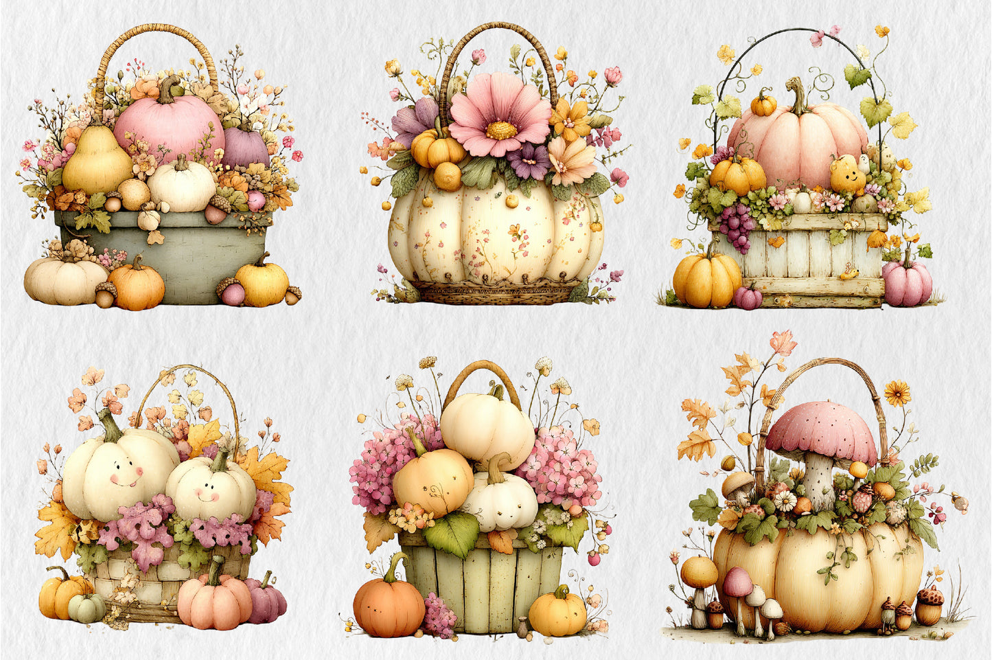 Whimsical Autumn Basket PNG Pastel Pumpkin Fall Harvest Sublimation Design