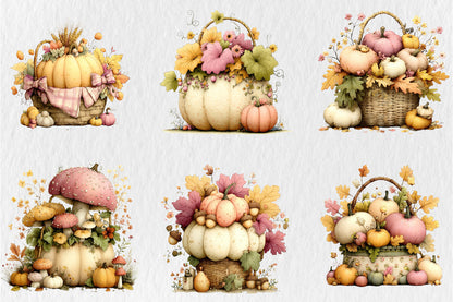 Whimsical Autumn Basket PNG Pastel Pumpkin Fall Harvest Sublimation Design