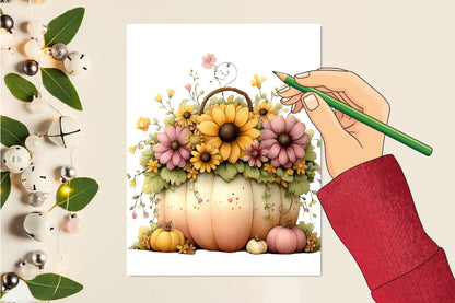 Whimsical Autumn Basket PNG Pastel Pumpkin Fall Harvest Sublimation Design