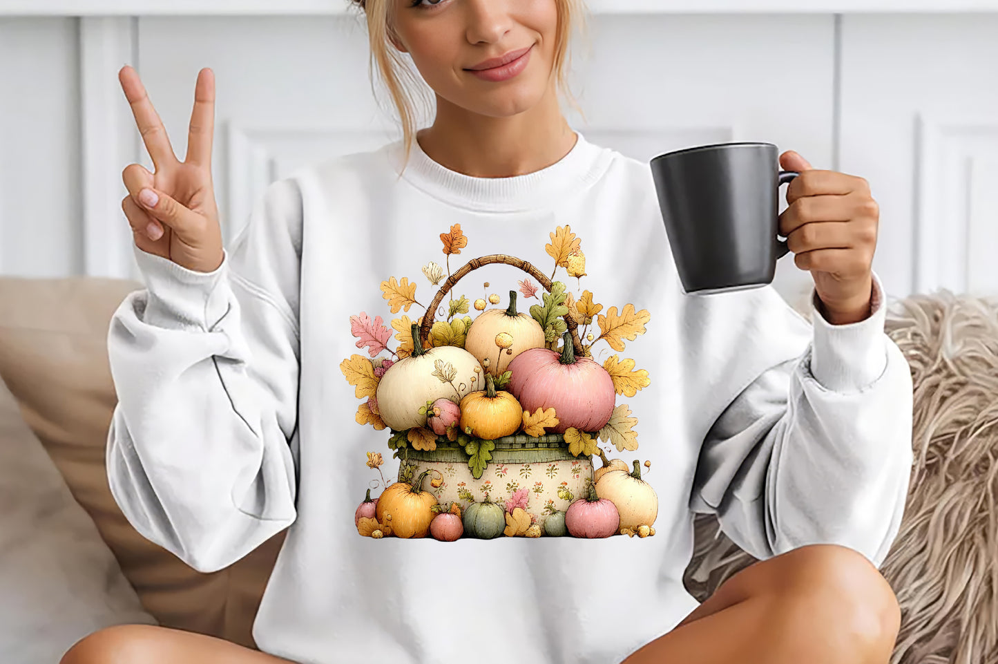 Whimsical Autumn Basket PNG Pastel Pumpkin Fall Harvest Sublimation Design