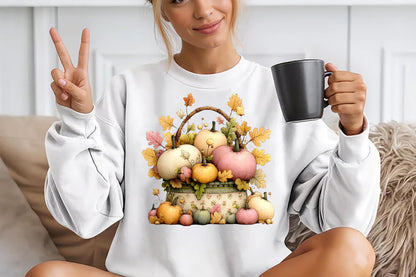Whimsical Autumn Basket PNG Pastel Pumpkin Fall Harvest Sublimation Design