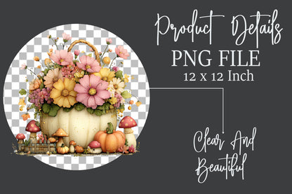 Whimsical Autumn Basket PNG Pastel Pumpkin Fall Harvest Sublimation Design