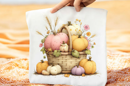 Whimsical Autumn Basket PNG Pastel Pumpkin Fall Harvest Sublimation Design