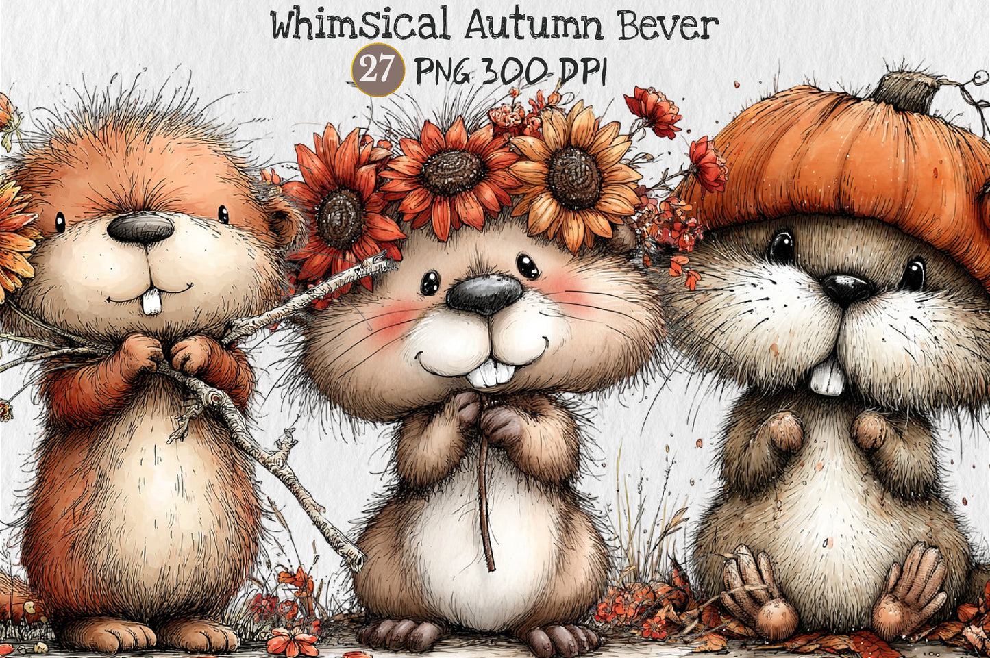 Whimsical Autumn Beaver PNG Cute Fall Beaver Animal Clipart Bundle