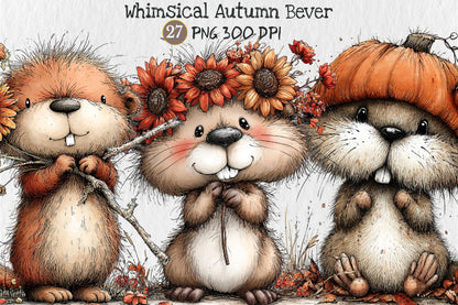 Whimsical Autumn Beaver PNG Cute Fall Beaver Animal Clipart Bundle