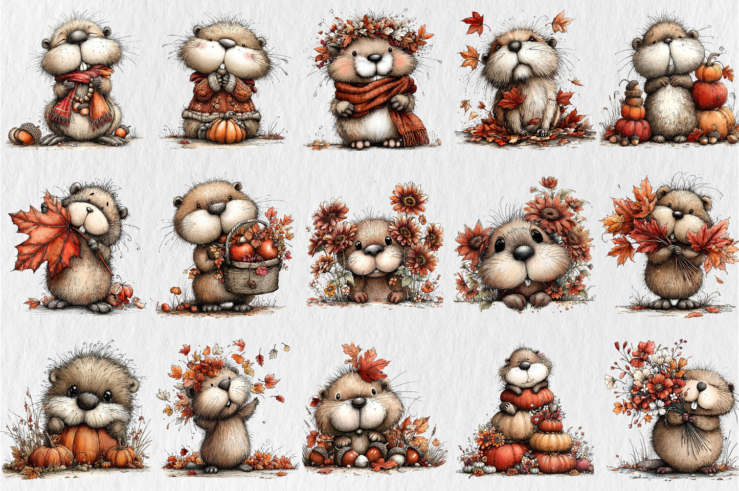 Whimsical Autumn Beaver PNG Cute Fall Beaver Animal Clipart Bundle
