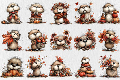 Whimsical Autumn Beaver PNG Cute Fall Beaver Animal Clipart Bundle