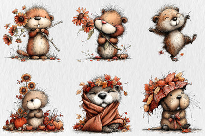 Whimsical Autumn Beaver PNG Cute Fall Beaver Animal Clipart Bundle