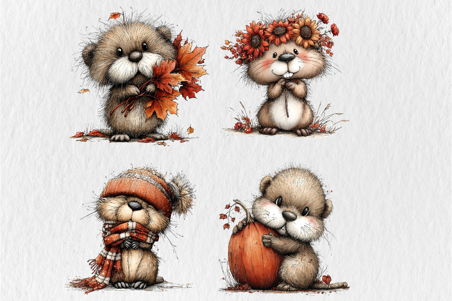 Whimsical Autumn Beaver PNG Cute Fall Beaver Animal Clipart Bundle