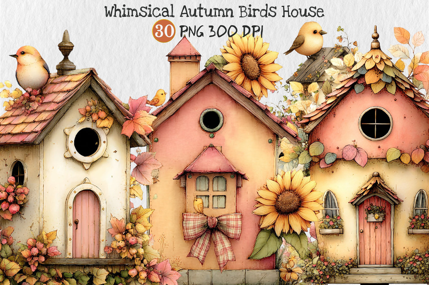 Whimsical Autumn Birdhouse PNG Fall Birds Sunflower Cottage Clipart Bundle