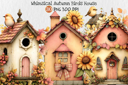 Whimsical Autumn Birdhouse PNG Fall Birds Sunflower Cottage Clipart Bundle