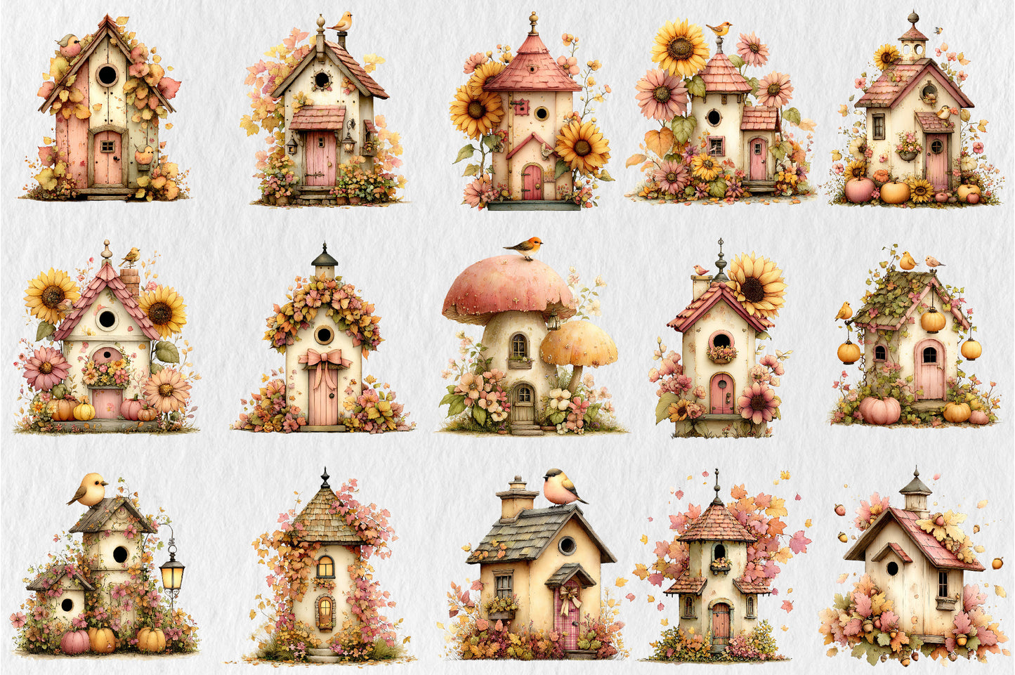Whimsical Autumn Birdhouse PNG Fall Birds Sunflower Cottage Clipart Bundle