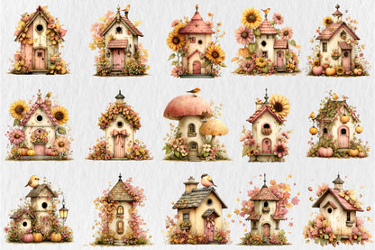 Whimsical Autumn Birdhouse PNG Fall Birds Sunflower Cottage Clipart Bundle
