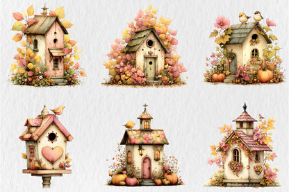 Whimsical Autumn Birdhouse PNG Fall Birds Sunflower Cottage Clipart Bundle