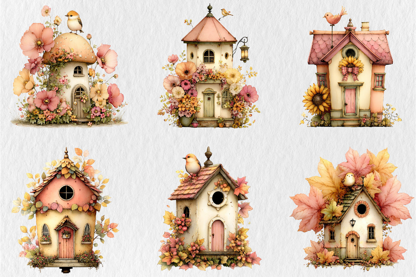 Whimsical Autumn Birdhouse PNG Fall Birds Sunflower Cottage Clipart Bundle