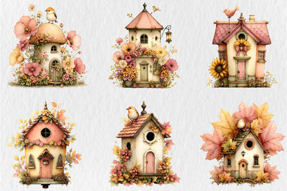 Whimsical Autumn Birdhouse PNG Fall Birds Sunflower Cottage Clipart Bundle