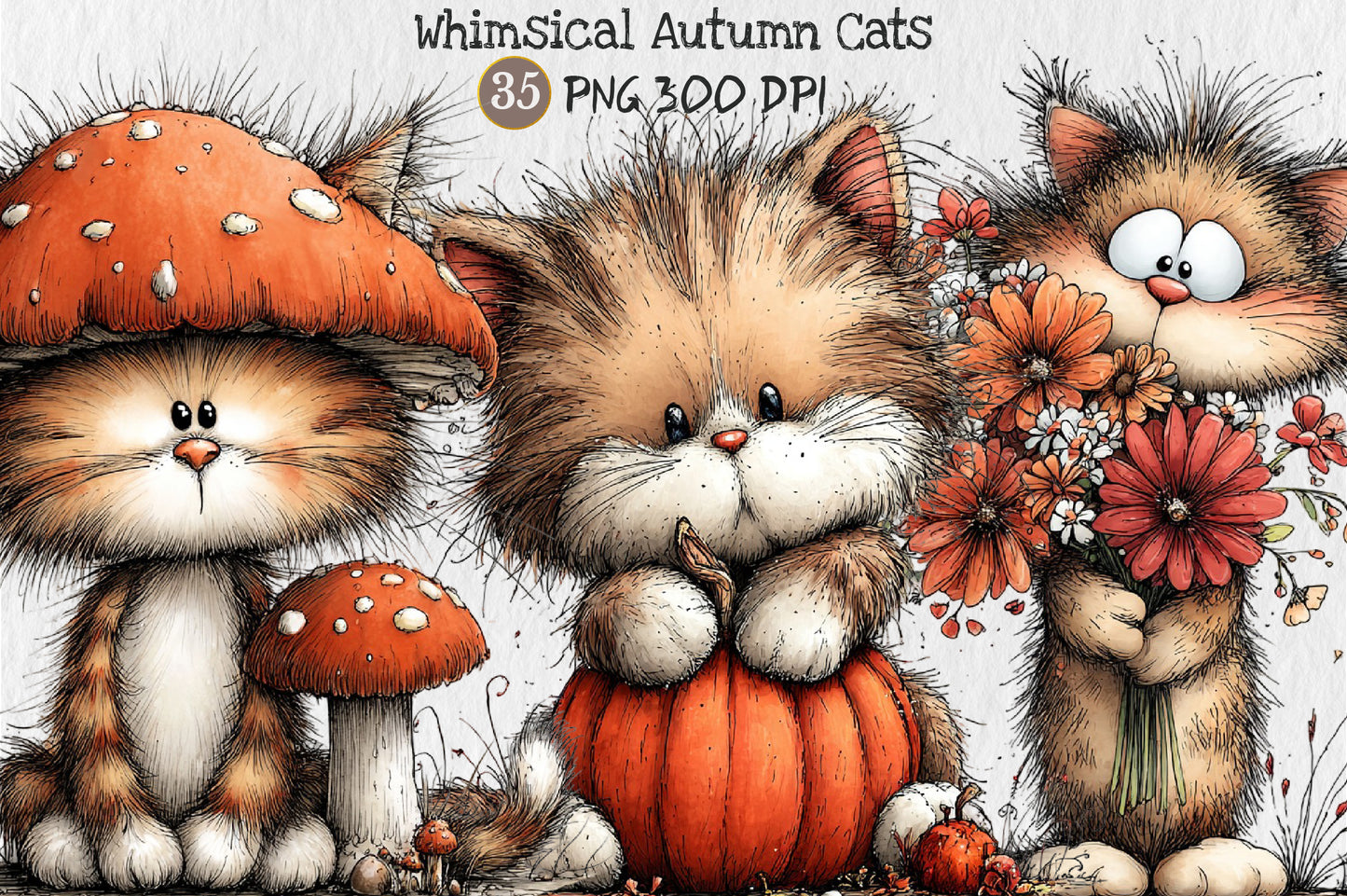 Whimsical Autumn Cats PNG Cute Fall Cat Animal Clipart Bundle