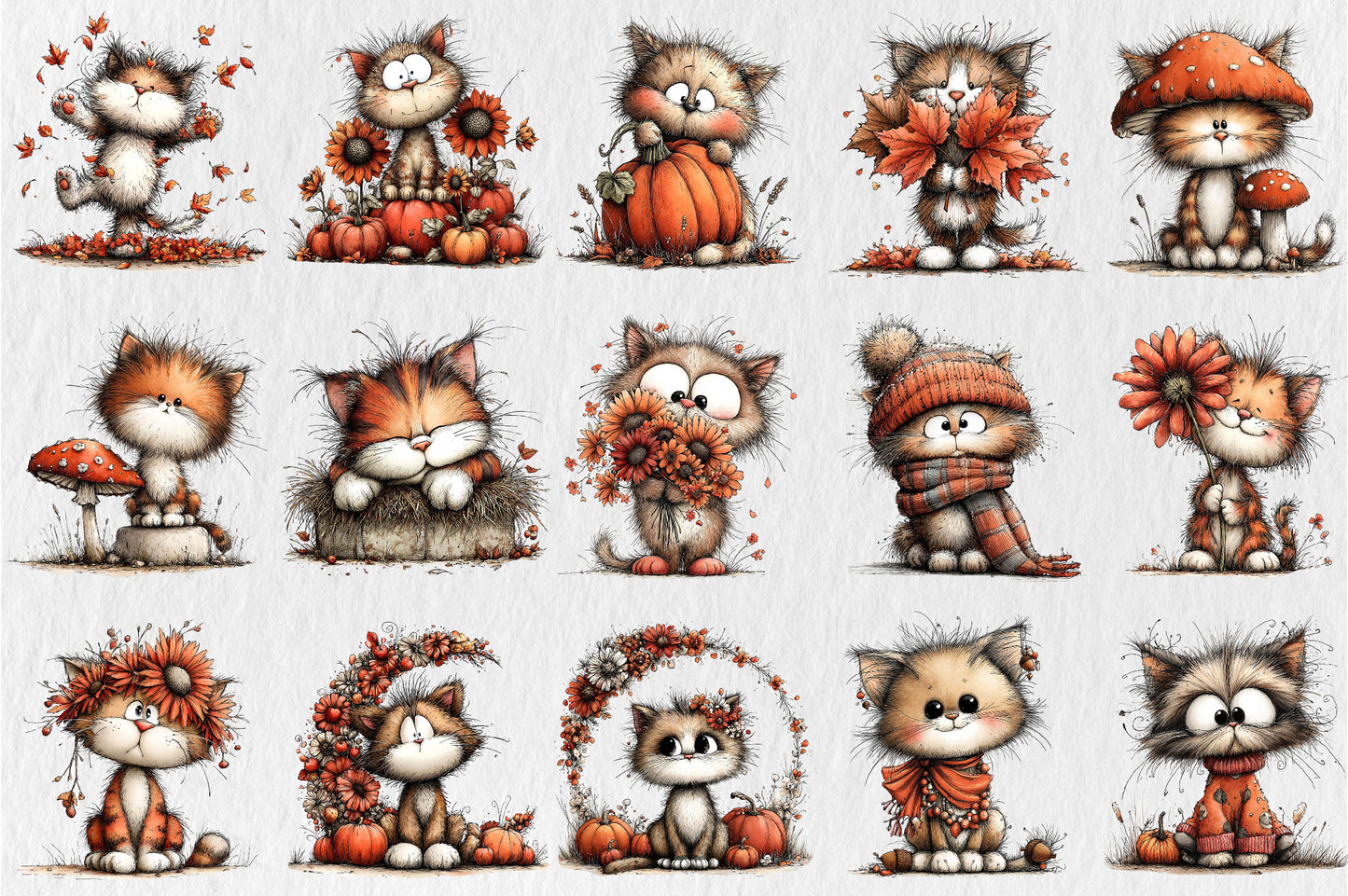 Whimsical Autumn Cats PNG Cute Fall Cat Animal Clipart Bundle