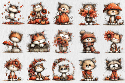 Whimsical Autumn Cats PNG Cute Fall Cat Animal Clipart Bundle
