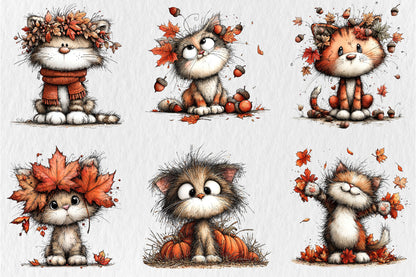Whimsical Autumn Cats PNG Cute Fall Cat Animal Clipart Bundle
