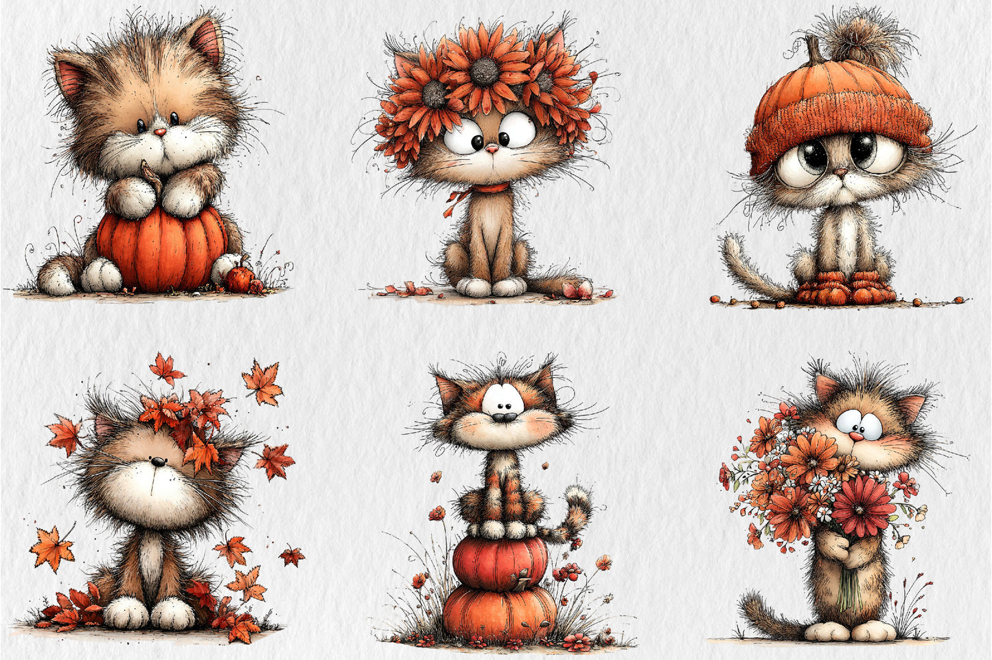 Whimsical Autumn Cats PNG Cute Fall Cat Animal Clipart Bundle