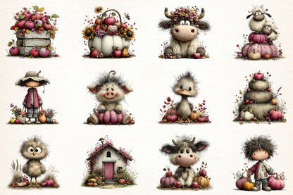 Whimsical Autumn Farm PNG  Fall Farmhouse Harvest Clipart Bundle