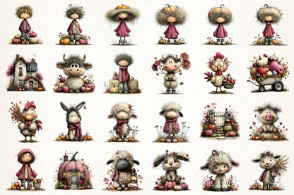 Whimsical Autumn Farm Clipart PNG | 40 PNG Fall Farmhouse Bundle