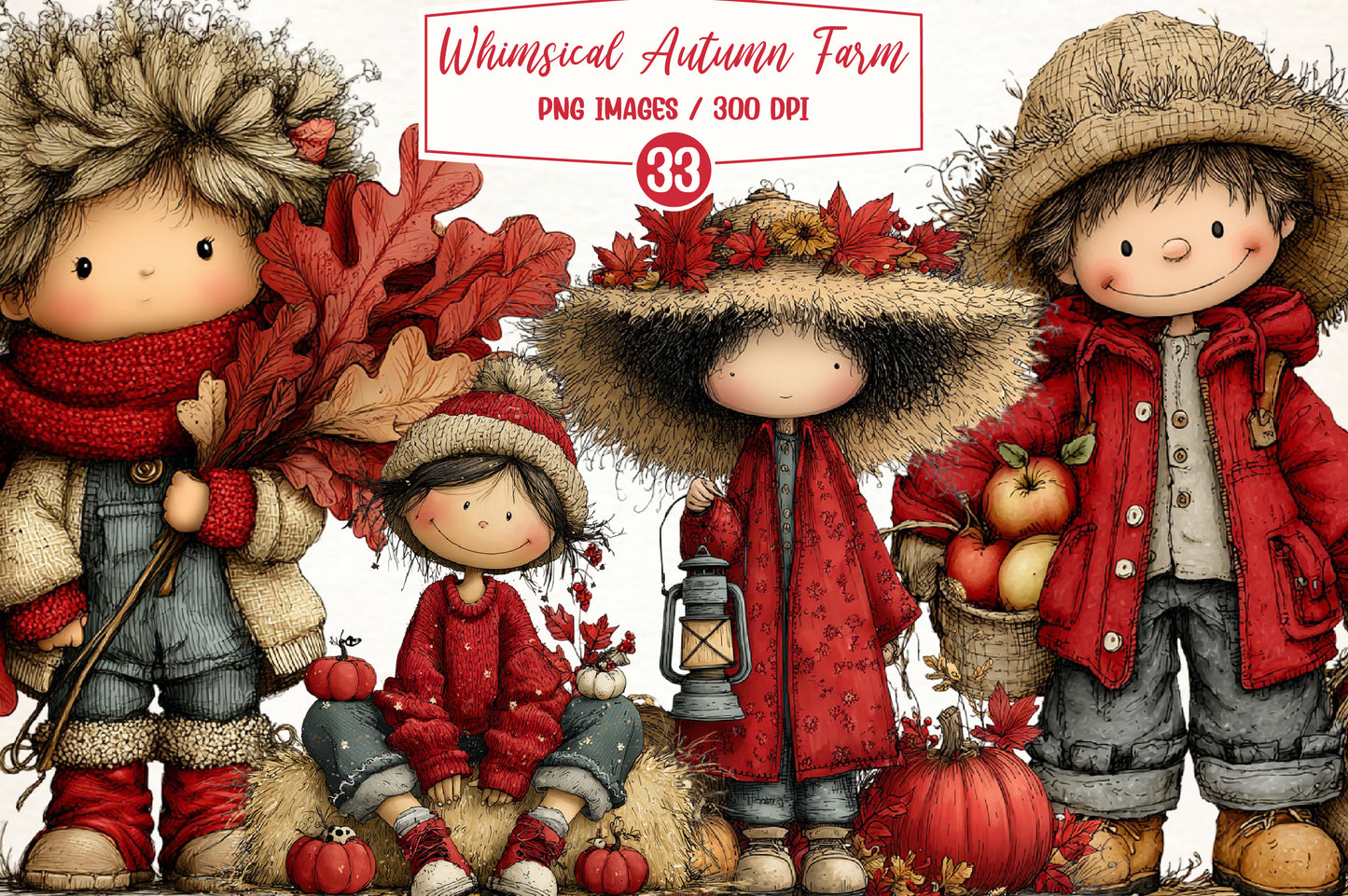 Whimsical Autumn Farm PNG Bundle | Cute Fall Farm Kids Clipart, Watercolor Autumn Harvest Characters, Rustic Thanksgiving PNG