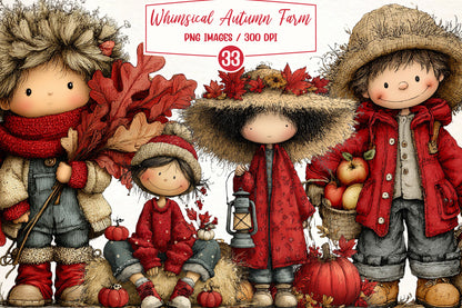Whimsical Autumn Farm PNG Bundle | Cute Fall Farm Kids Clipart, Watercolor Autumn Harvest Characters, Rustic Thanksgiving PNG