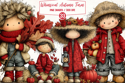 Whimsical Autumn Farm PNG Bundle | Cute Fall Farm Kids Clipart, Watercolor Autumn Harvest Characters, Rustic Thanksgiving PNG