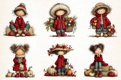 Whimsical Autumn Farm PNG Bundle | Cute Fall Farm Kids Clipart, Watercolor Autumn Harvest Characters, Rustic Thanksgiving PNG