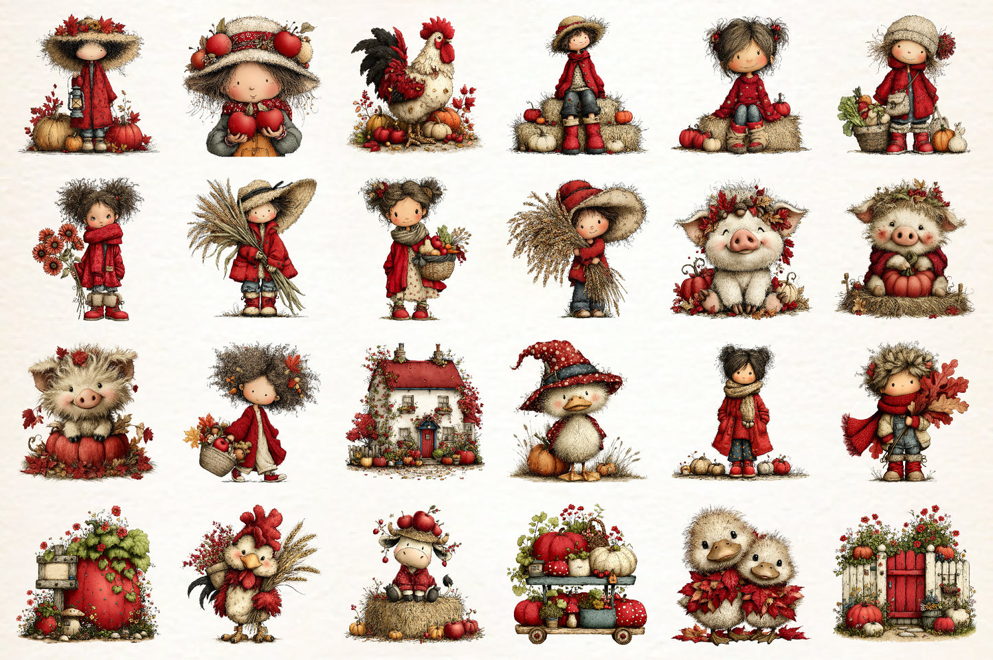 Whimsical Autumn Farm PNG Bundle | Cute Fall Farm Kids Clipart, Watercolor Autumn Harvest Characters, Rustic Thanksgiving PNG