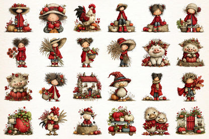 Whimsical Autumn Farm PNG Bundle | Cute Fall Farm Kids Clipart, Watercolor Autumn Harvest Characters, Rustic Thanksgiving PNG