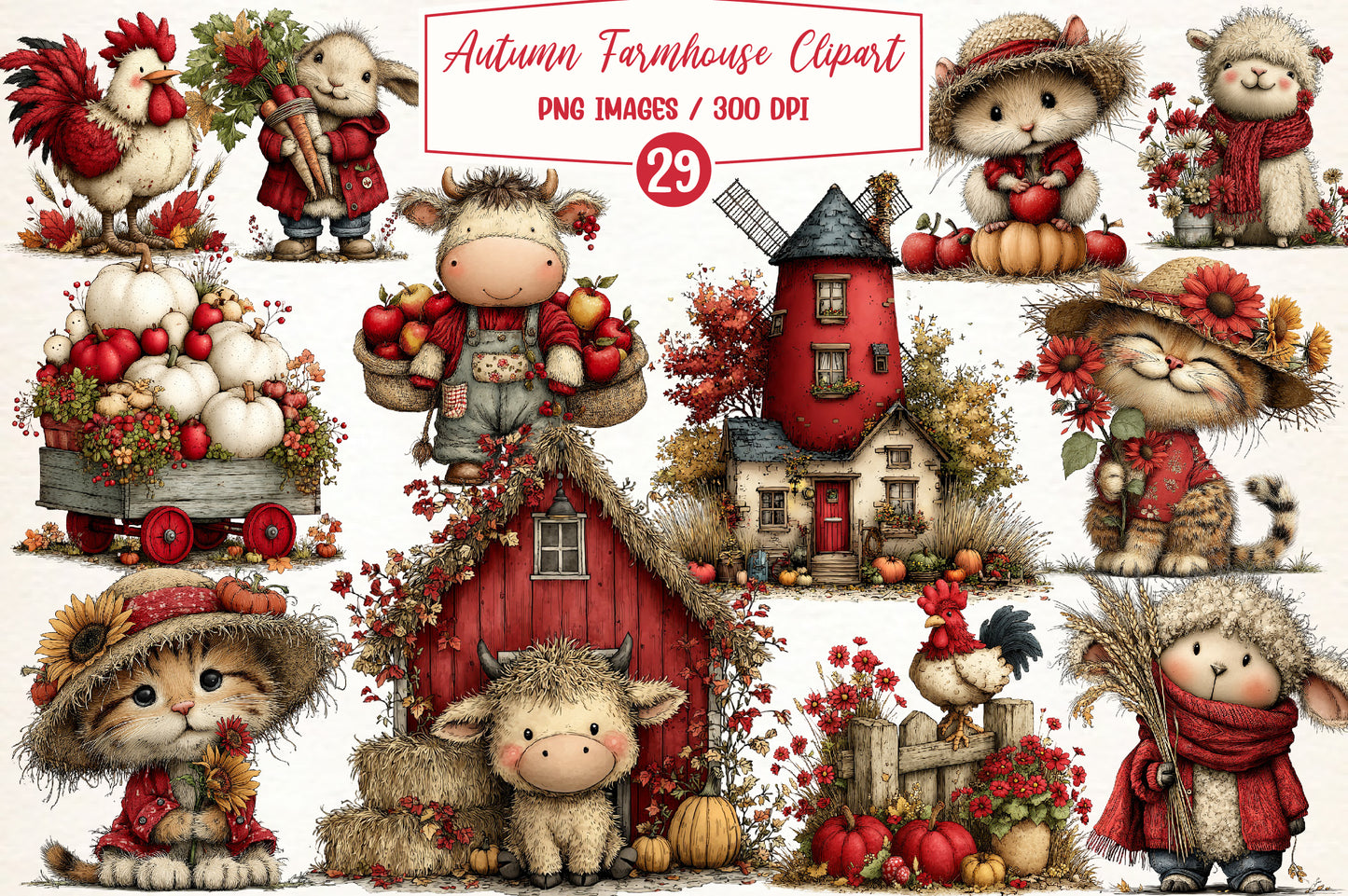 Autumn Farmhouse PNG Bundle | Whimsical Fall Farm Animals Clipart, Rustic Harvest & Thanksgiving Farmhouse Graphics