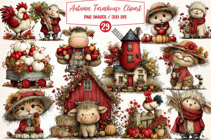 Autumn Farmhouse PNG Bundle | Whimsical Fall Farm Animals Clipart, Rustic Harvest & Thanksgiving Farmhouse Graphics