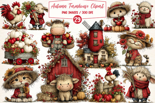 Autumn Farmhouse PNG Bundle | Whimsical Fall Farm Animals Clipart, Rustic Harvest & Thanksgiving Farmhouse Graphics