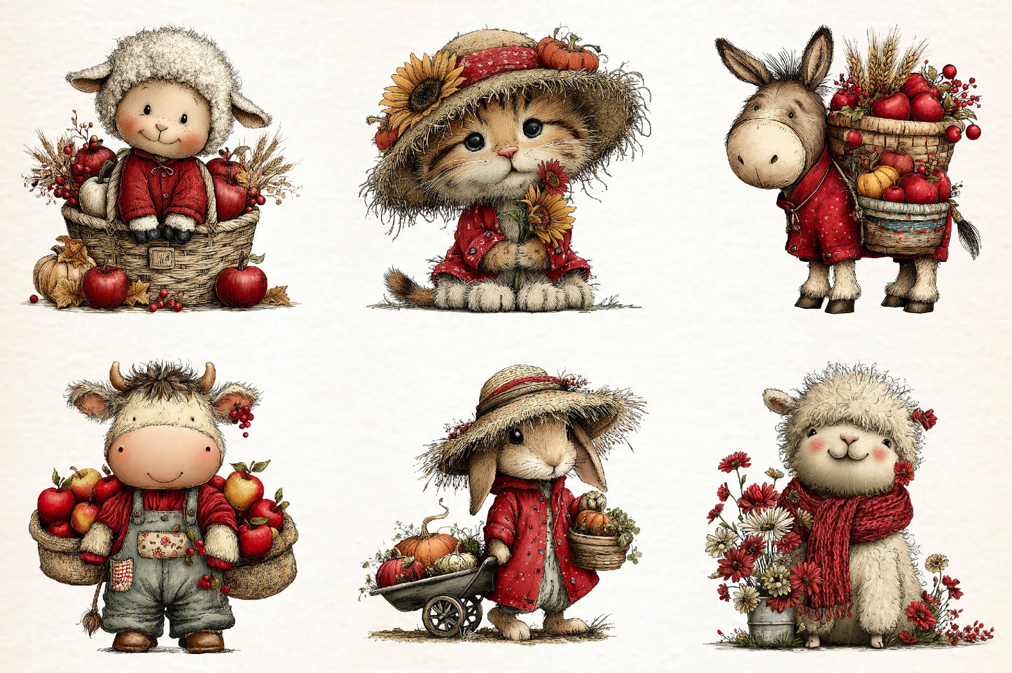 Autumn Farmhouse PNG Bundle | Whimsical Fall Farm Animals Clipart, Rustic Harvest & Thanksgiving Farmhouse Graphics