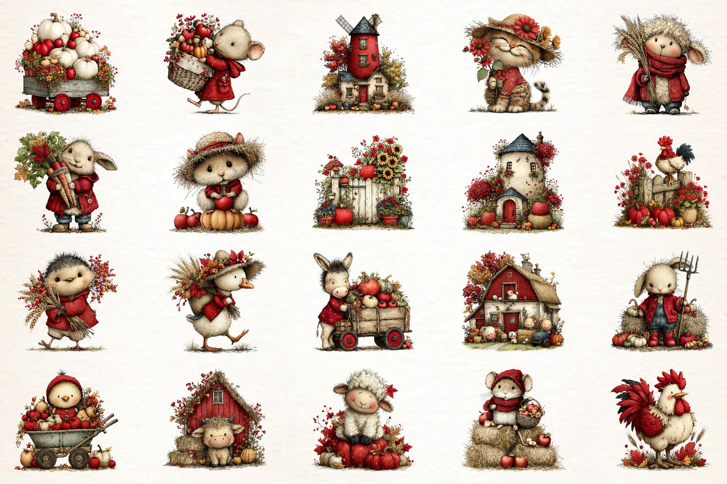 Autumn Farmhouse PNG Bundle | Whimsical Fall Farm Animals Clipart, Rustic Harvest & Thanksgiving Farmhouse Graphics