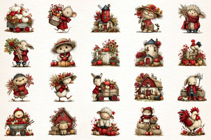 Autumn Farmhouse PNG Bundle | Whimsical Fall Farm Animals Clipart, Rustic Harvest & Thanksgiving Farmhouse Graphics