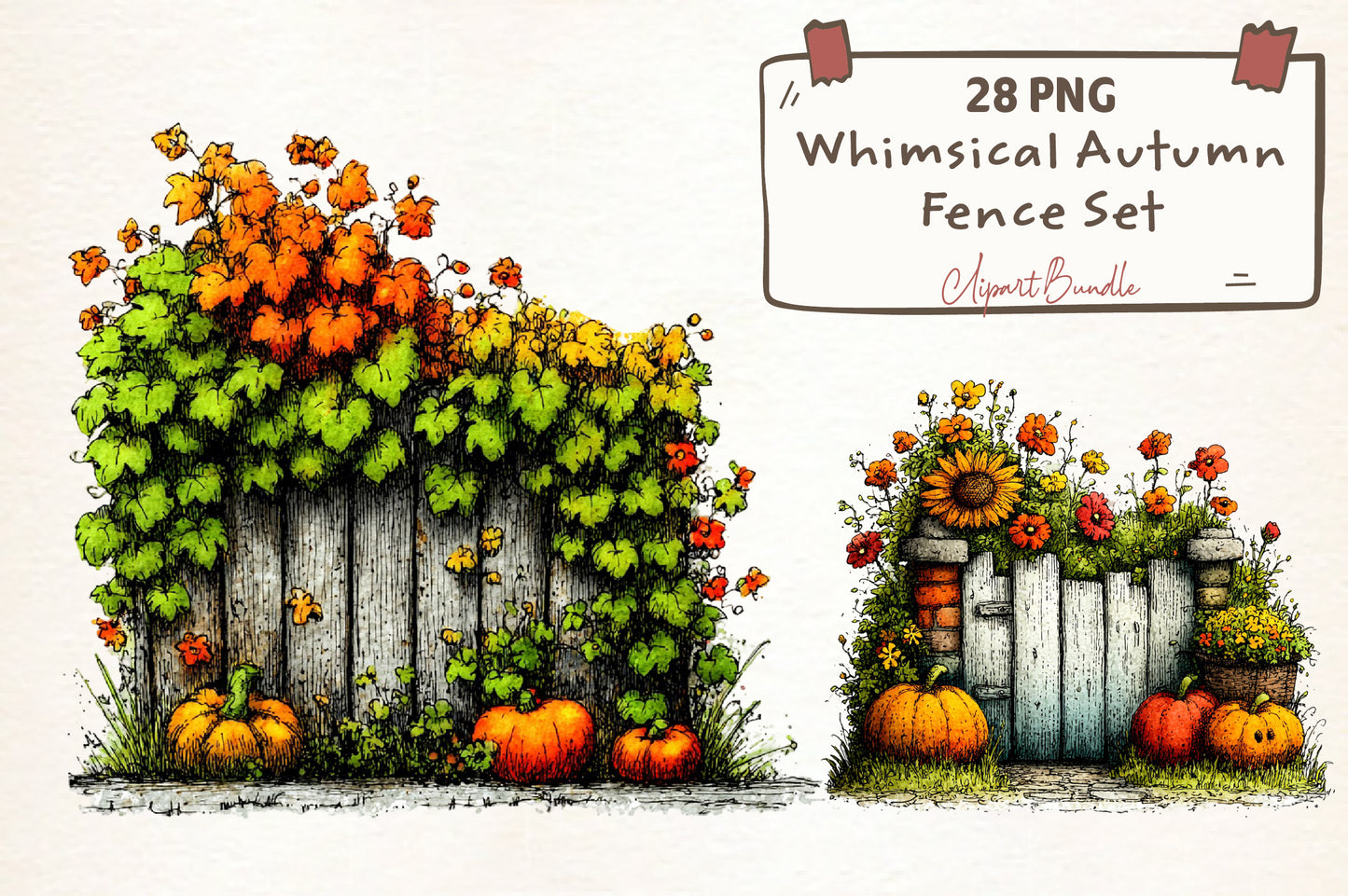 Whimsical Autumn Fence PNG Bundle | Fall Fence Clipart, Pumpkin Garden, Rustic Farmhouse & Harvest Garden Graphics
