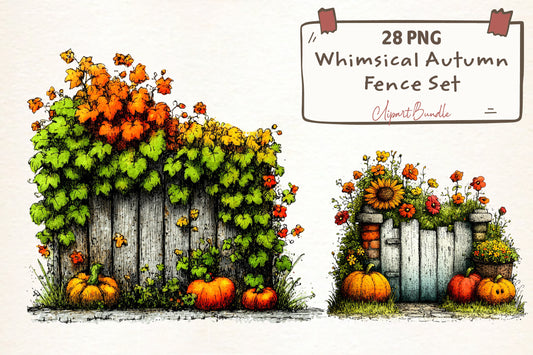 Whimsical Autumn Fence PNG Bundle | Fall Fence Clipart, Pumpkin Garden, Rustic Farmhouse & Harvest Garden Graphics