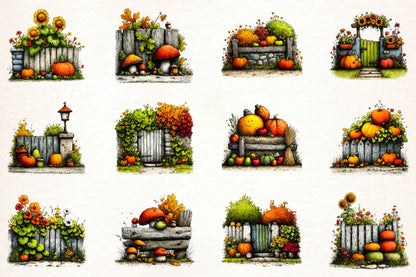 Whimsical Autumn Fence PNG Bundle | Fall Fence Clipart, Pumpkin Garden, Rustic Farmhouse & Harvest Garden Graphics